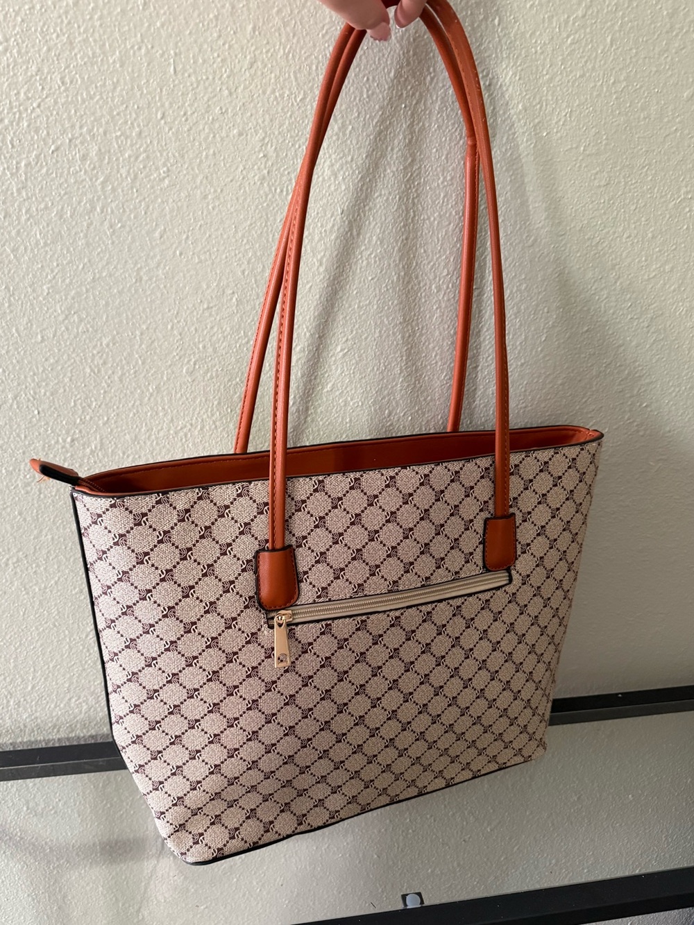 Brown & Beige Geometric Print Tote Bag Tan Shoulder Purse